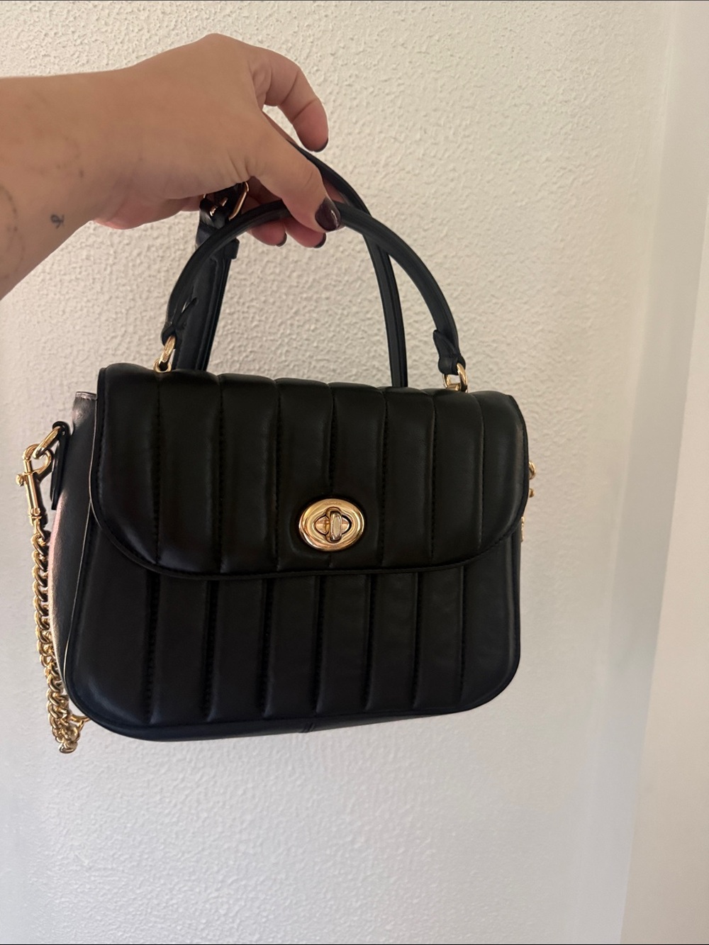 COACH Quilted Black Leather Top-Handle Shoulder Bag with Gold Hardware
